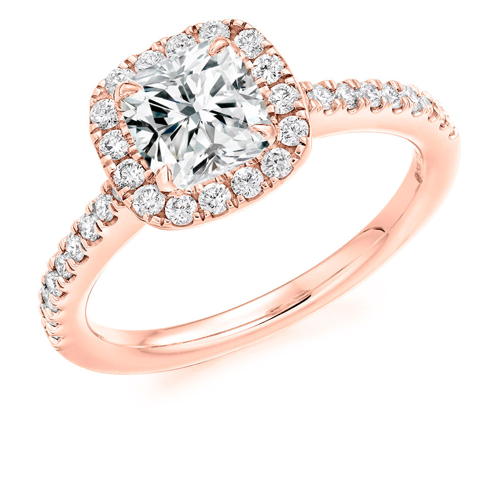 Diamond-Shouldered Halo Cushion Cut Engagement Ring, 1.0ct in Rose Gold