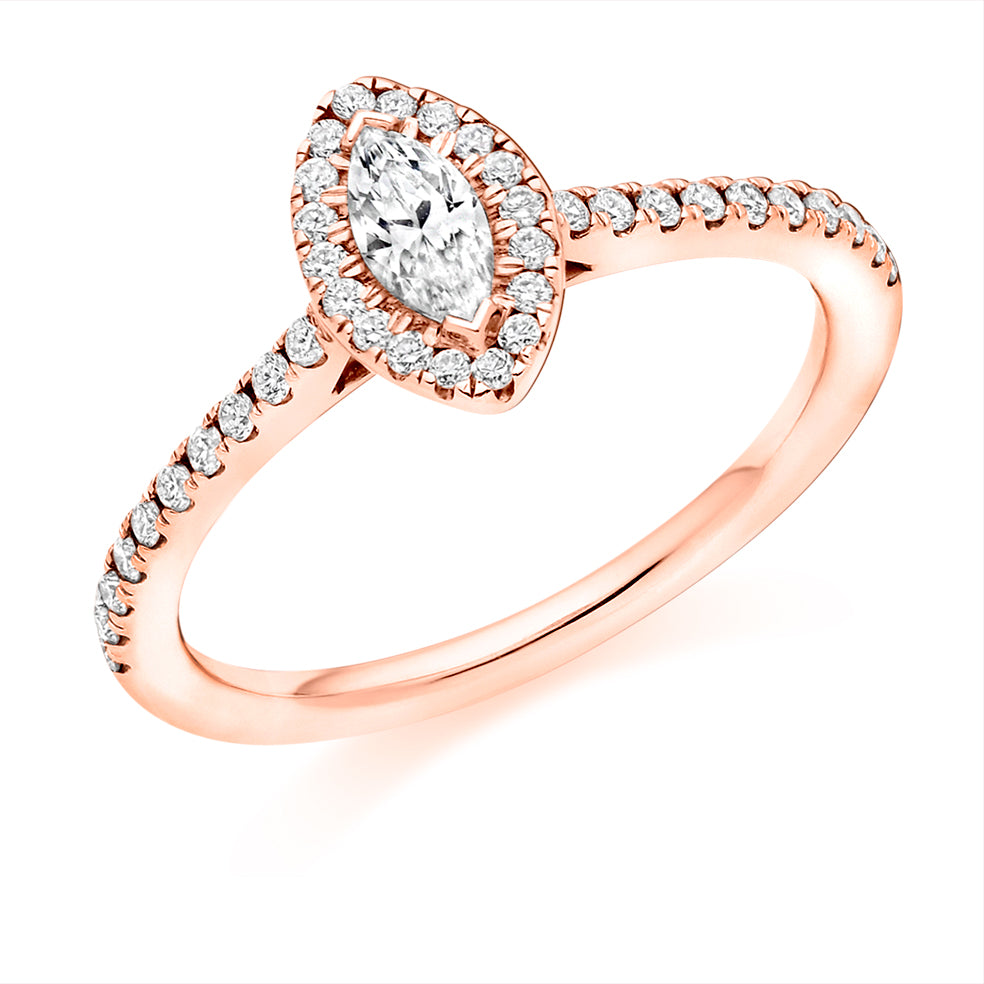 Pavé-Shoulder Halo Marquise-Cut Engagement Ring, 0.25ct in Rose Gold