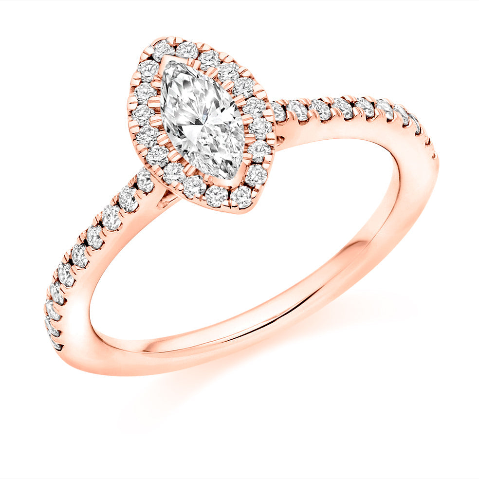 Pavé-Shoulder Halo Marquise-Cut Engagement Ring, 0.33ct in Rose Gold