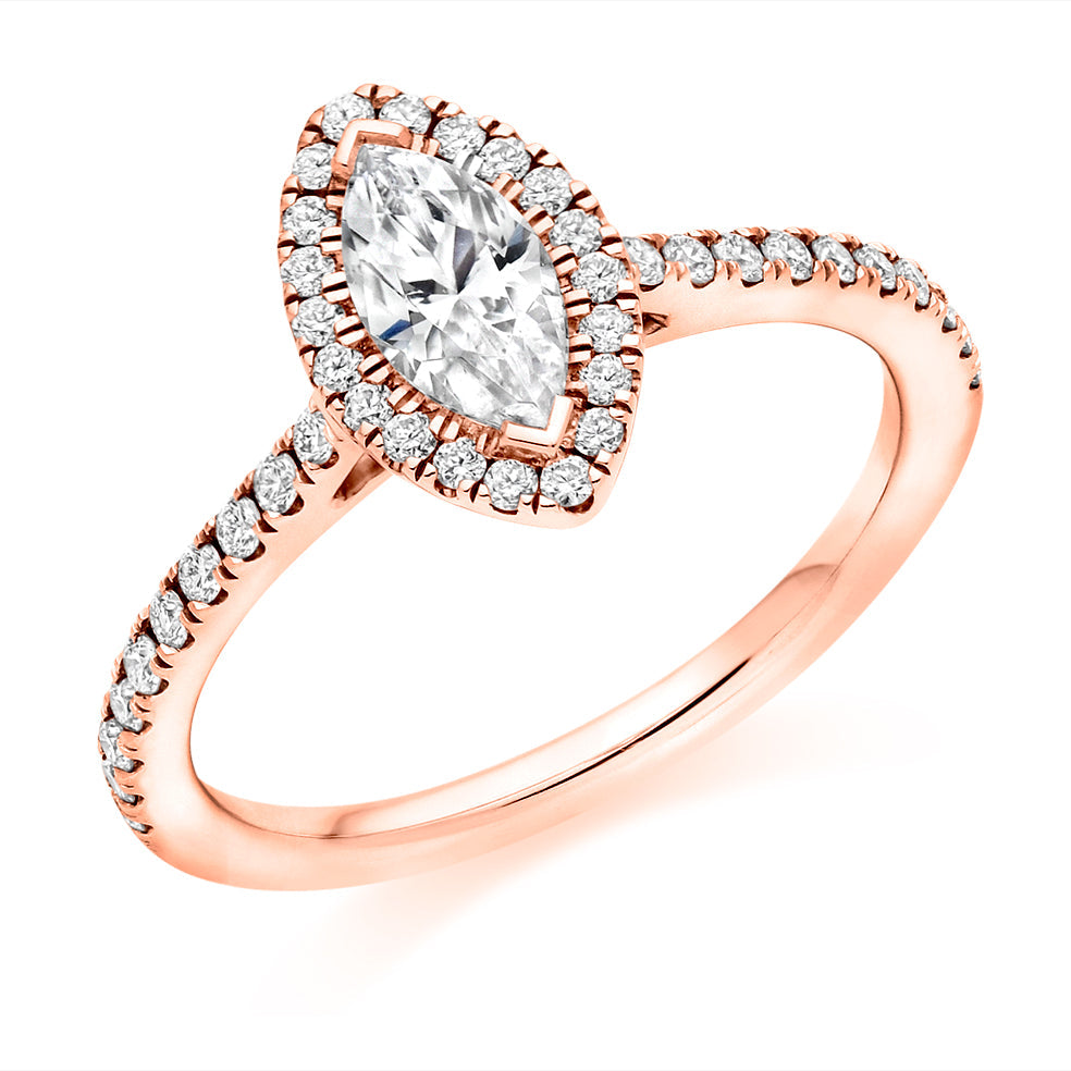 Pavé-Shoulder Halo Marquise-Cut Engagement Ring, 0.5ct in Rose Gold