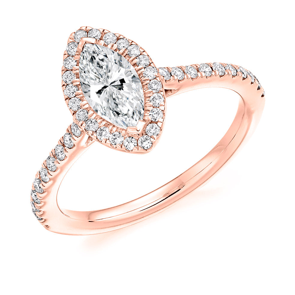 Pavé-Shoulder Halo Marquise-Cut Engagement Ring, 0.75ct in Rose Gold