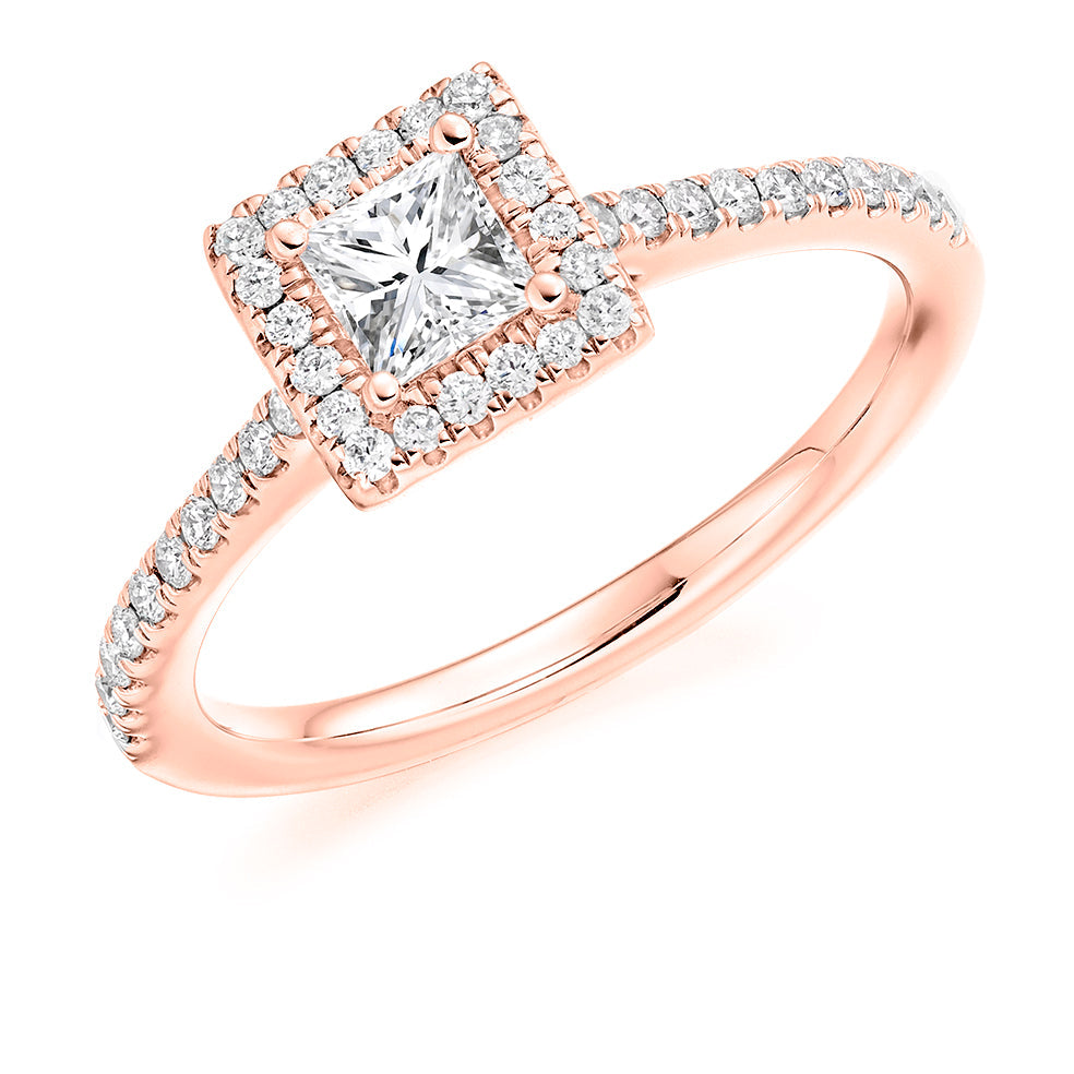 Pavé-Shoulder Halo Princess-Cut Engagement Ring, 0.4ct in Rose Gold