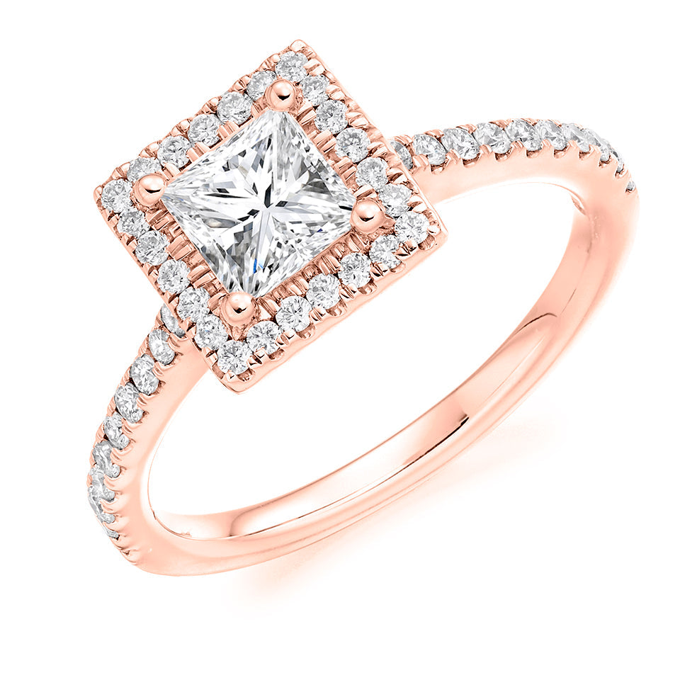Pavé-Shoulder Halo Princess-Cut Engagement Ring, 0.75ct (ENG4196 SMT) in Rose Gold