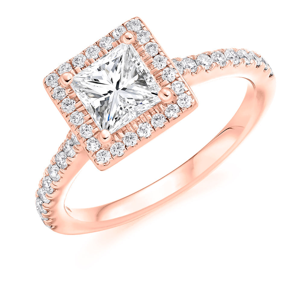 Pavé-Shoulder Halo Princess-Cut Engagement Ring, 1.0ct (ENG4197 SMT) in Rose Gold