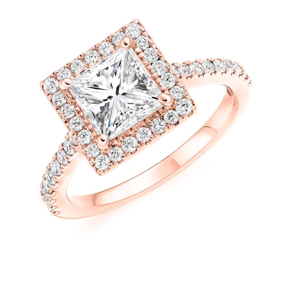 Pavé-Shoulder Halo Princess-Cut Engagement Ring, 1.5ct in Rose Gold