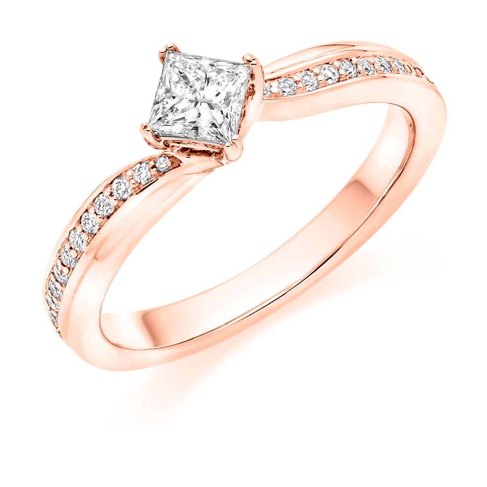 Pavé-Shouldered Solitaire Princess Cut Engagement Ring 0.53ct in Rose Gold