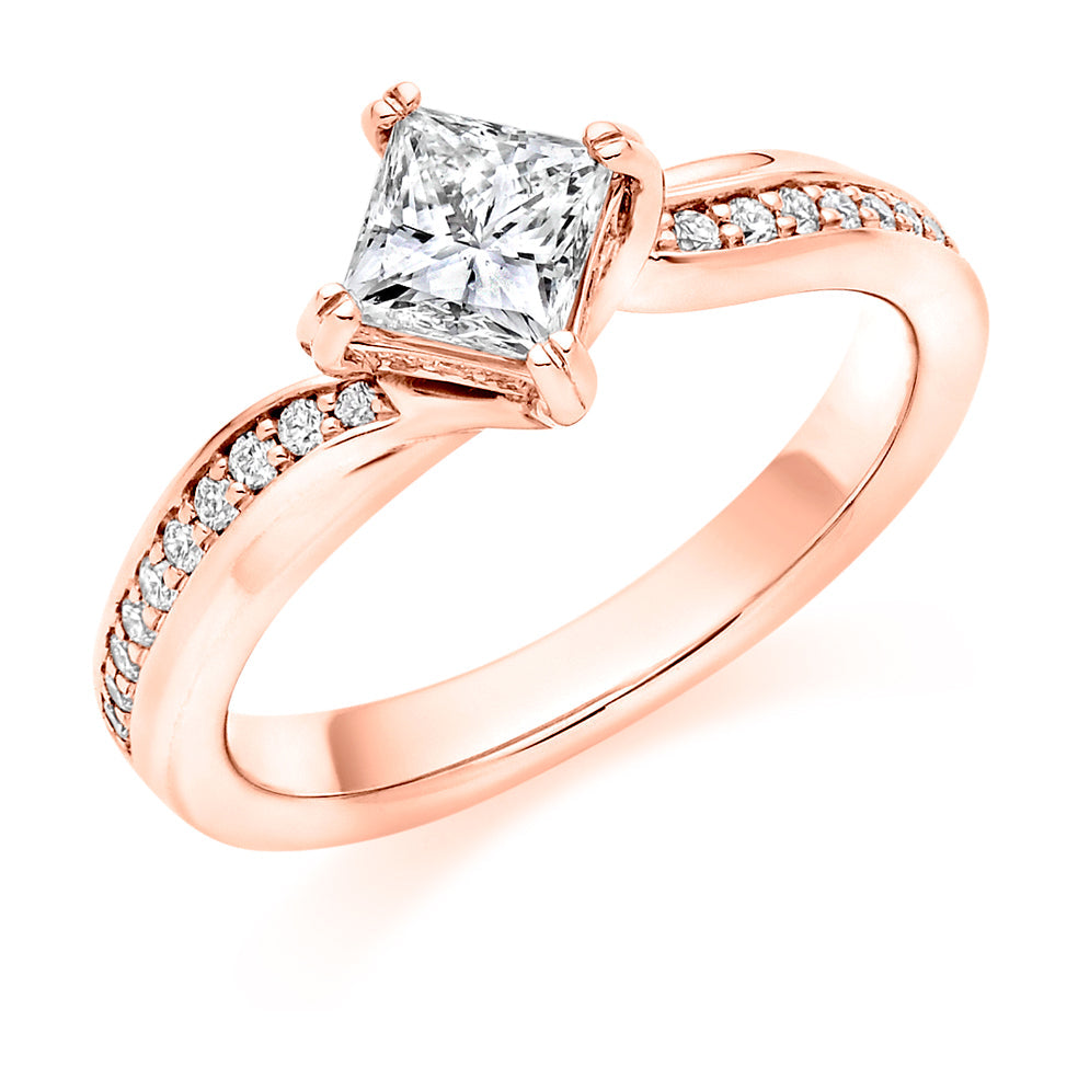 Fine Pavé Solitaire Princess Cut Engagement Ring 1.0ct in Rose Gold