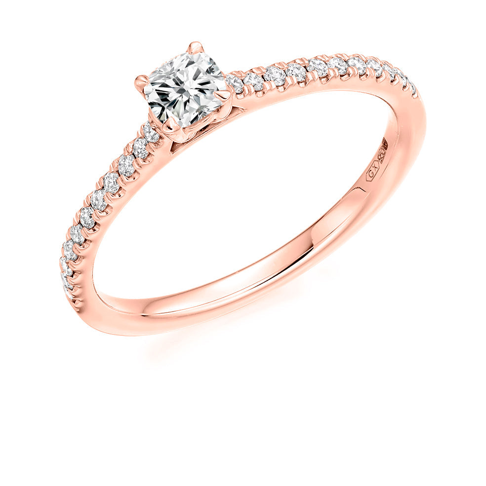 Accent-Shouldered Solitaire Cushion Cut Engagement Ring in Rose Gold