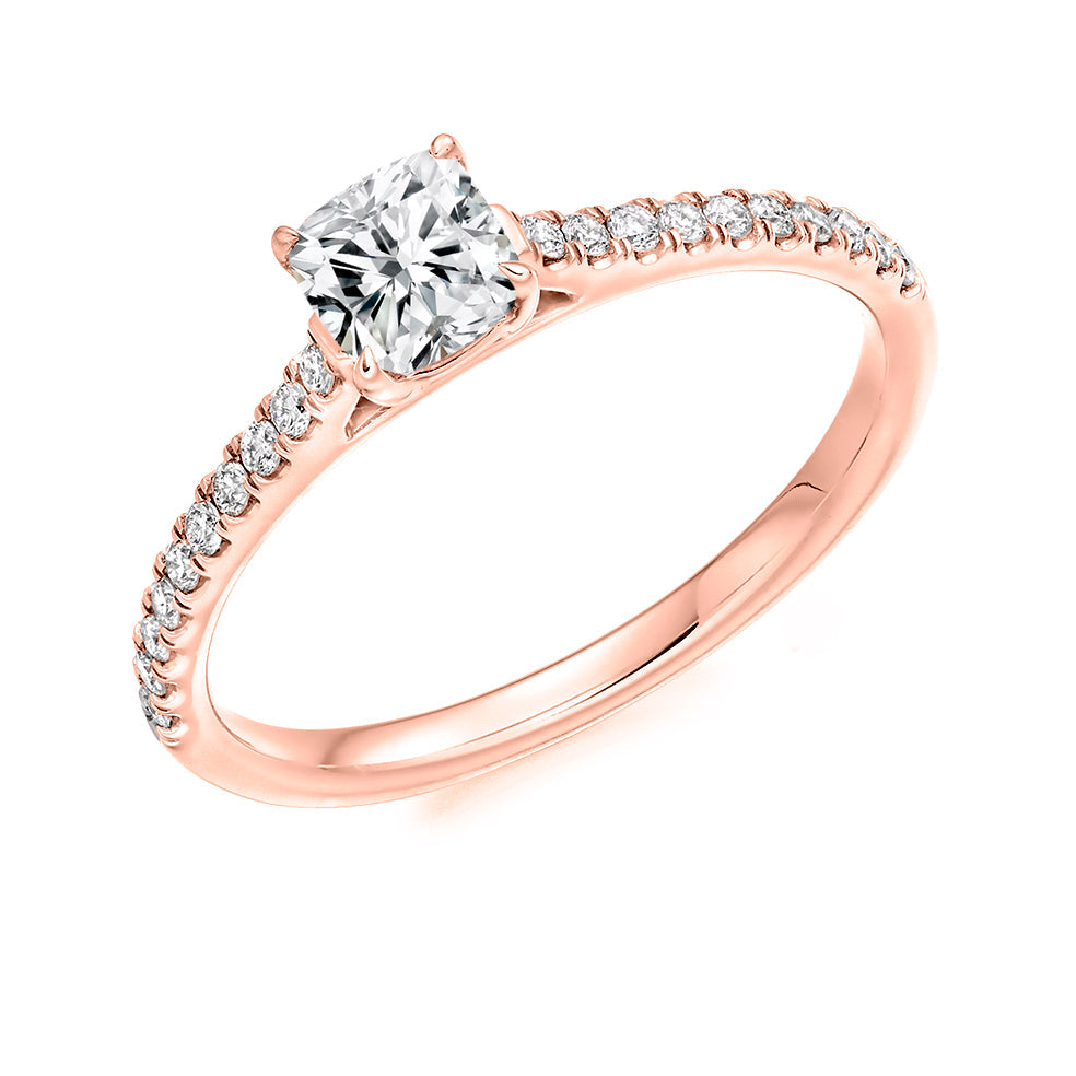 Diamond-Shouldered Solitaire Cushion Cut Engagement Ring in Rose Gold