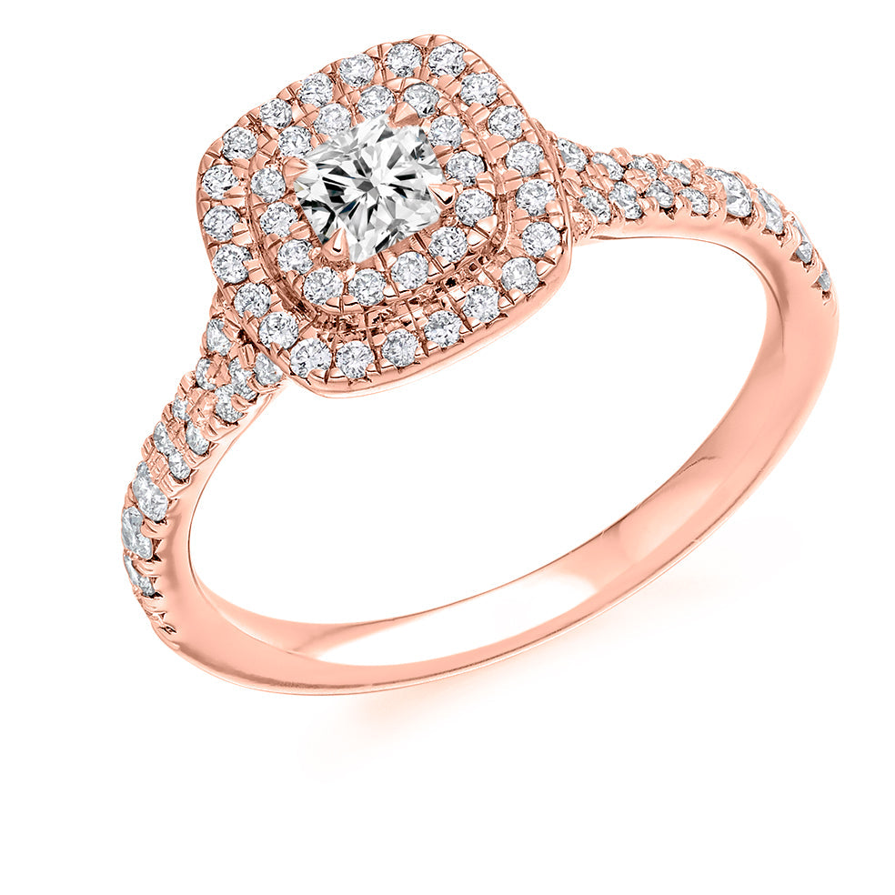 Double-Halo Split-Shoulder Cushion-Cut Engagement Ring, 0.25ct in Rose Gold