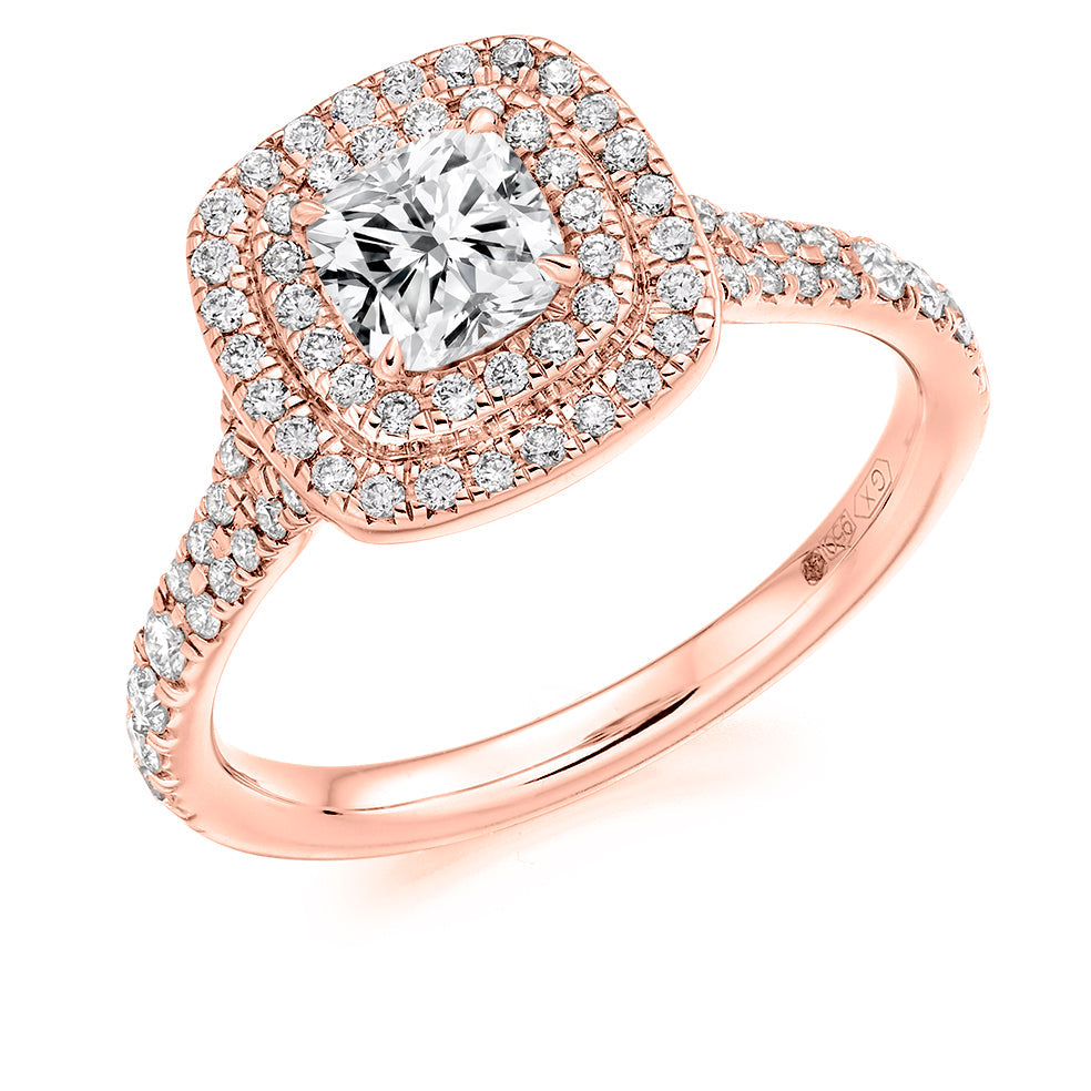 Double-Halo Split-Shoulder Cushion-Cut Engagement Ring, 0.75ct in Rose Gold