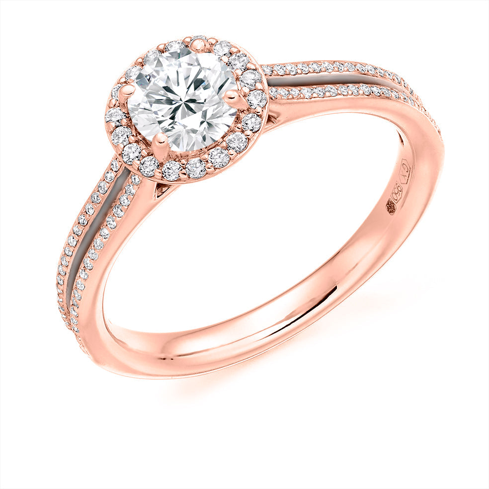 Curved-Shoulder Halo Round Brilliant Engagement Ring 0.75ct in Rose Gold