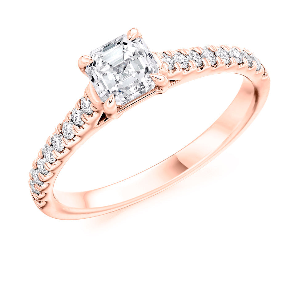 Solitaire with Diamond Shoulders Asscher Cut Engagement Ring in Rose Gold