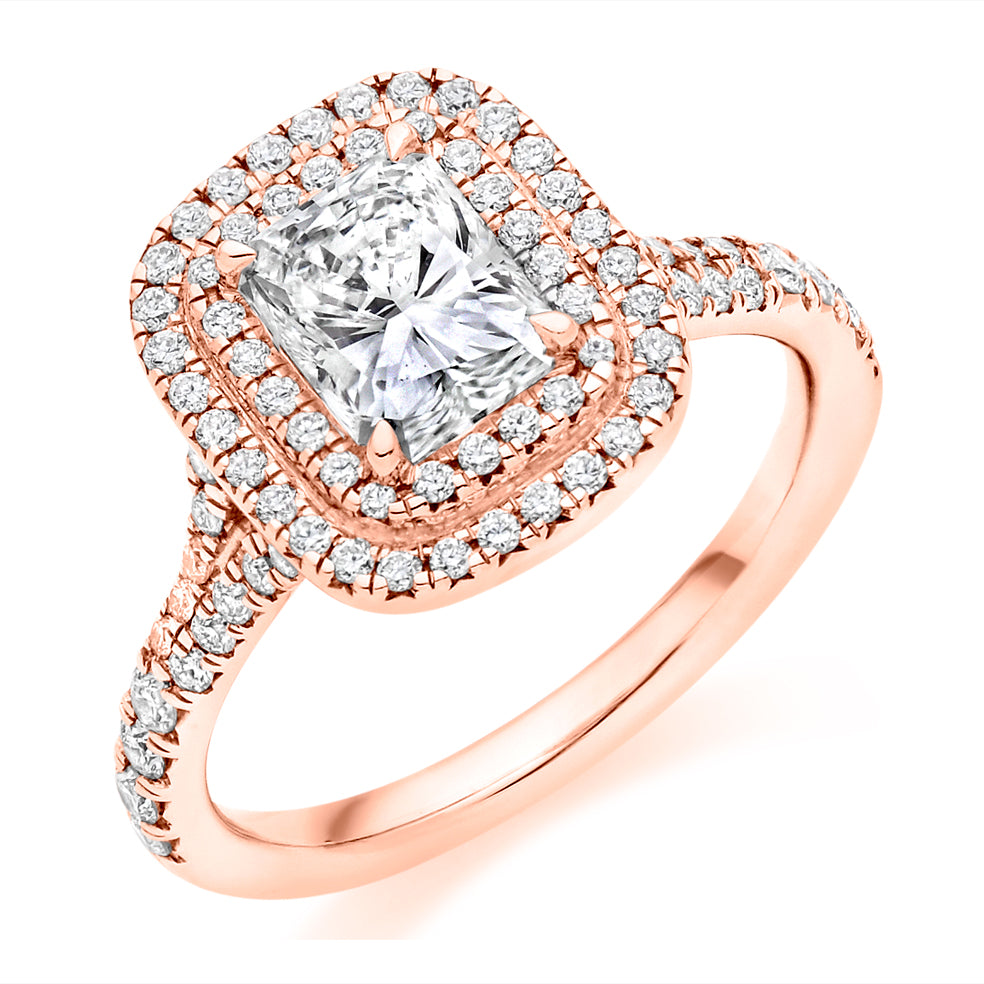 Double-Halo Split-Shoulder Radiant-Cut Engagement Ring, 1.2ct in Rose Gold