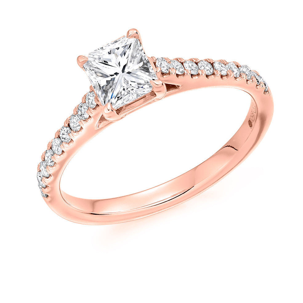 Diamond-Shouldered Solitaire Radiant Cut Engagement Ring in Rose Gold
