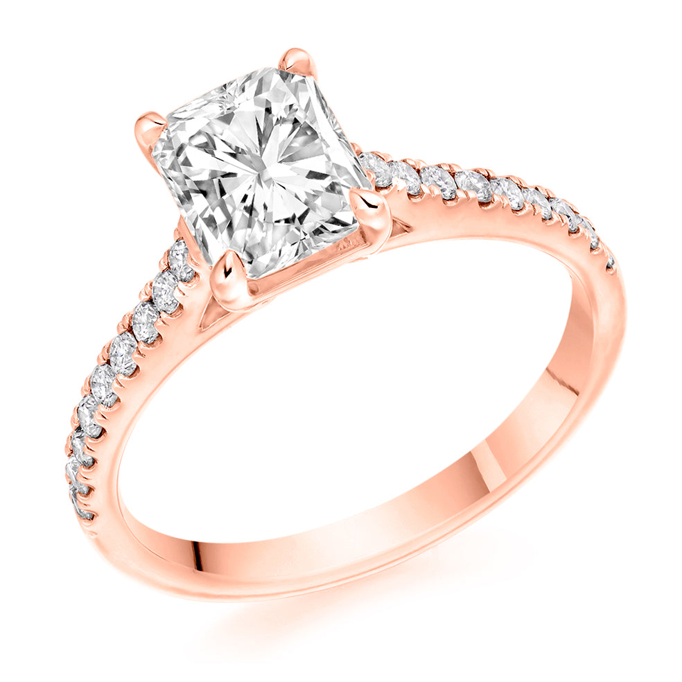 Accent-Shouldered Solitaire Radiant Cut Engagement Ring in Rose Gold