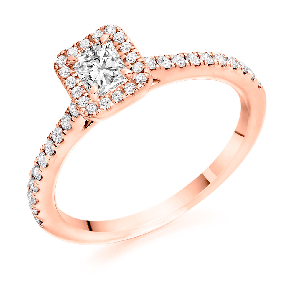 Pavé-Shoulder Halo Radiant-Cut Engagement Ring, 0.33ct in Rose Gold