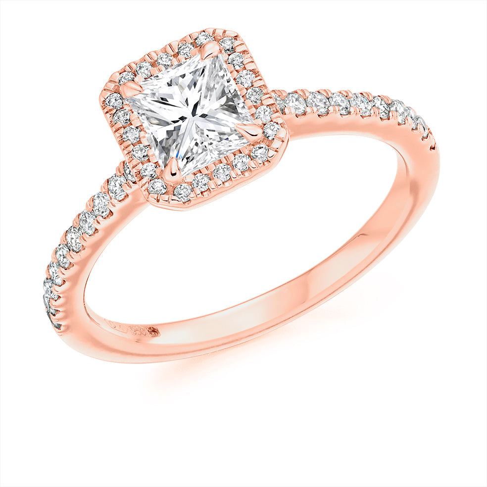Pavé-Shoulder Halo Radiant-Cut Engagement Ring, 0.5ct in Rose Gold