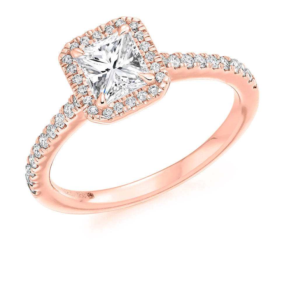 Pavé-Shoulder Halo Radiant-Cut Engagement Ring, 0.7ct in Rose Gold