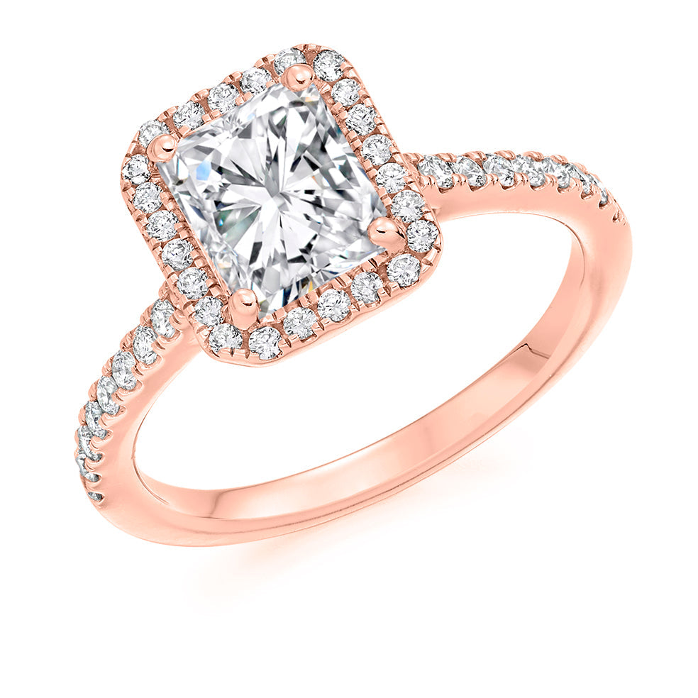 Pavé-Shoulder Halo Radiant-Cut Engagement Ring, 1.5ct in Rose Gold