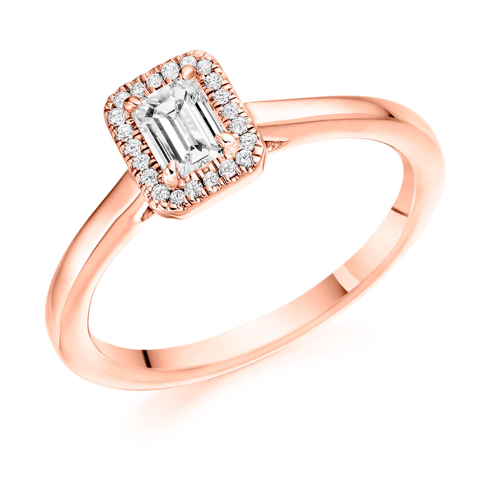 Clean-Shouldered Halo Emerald Cut Engagement Ring, 0.33ct in Rose Gold