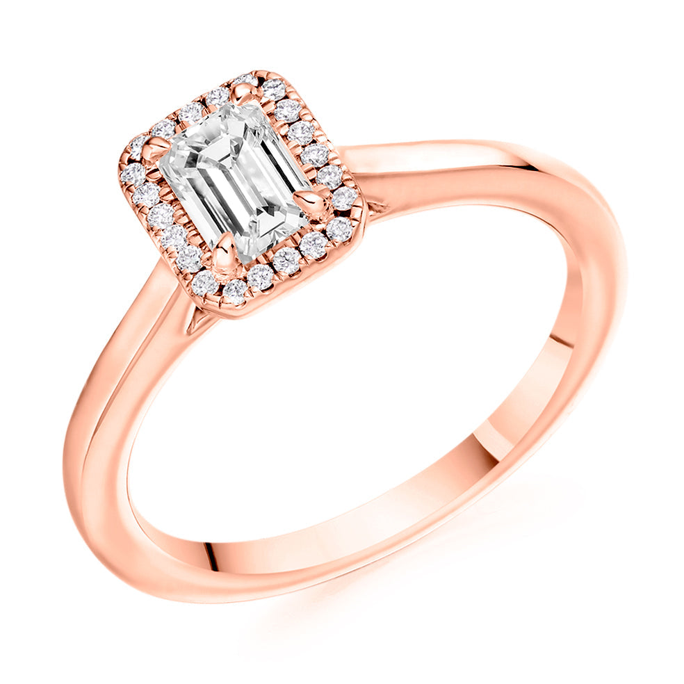 Halo with Plain Shoulders Emerald Cut Engagement Ring, 0.5ct in Rose Gold