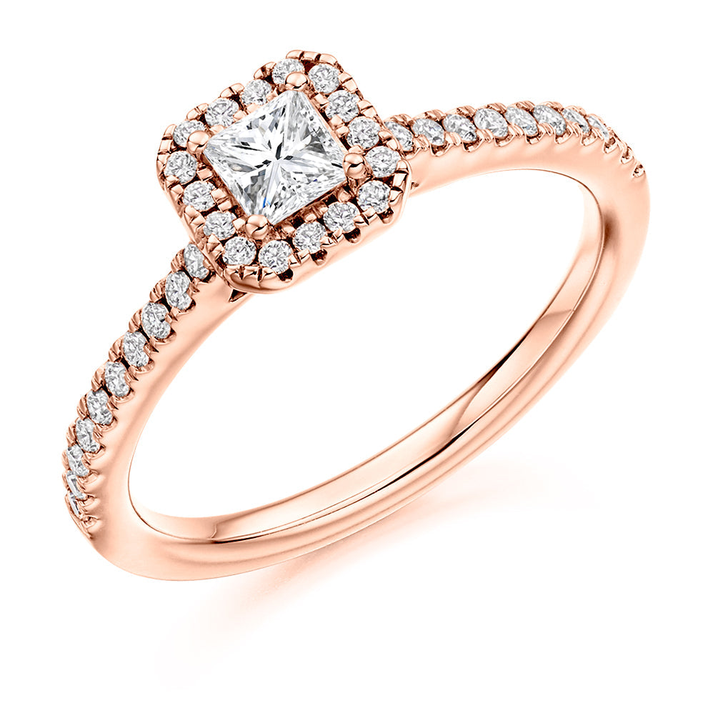 Halo with Diamond Set Shoulders Princess Cut Engagement Ring, 0.40ct in Rose Gold