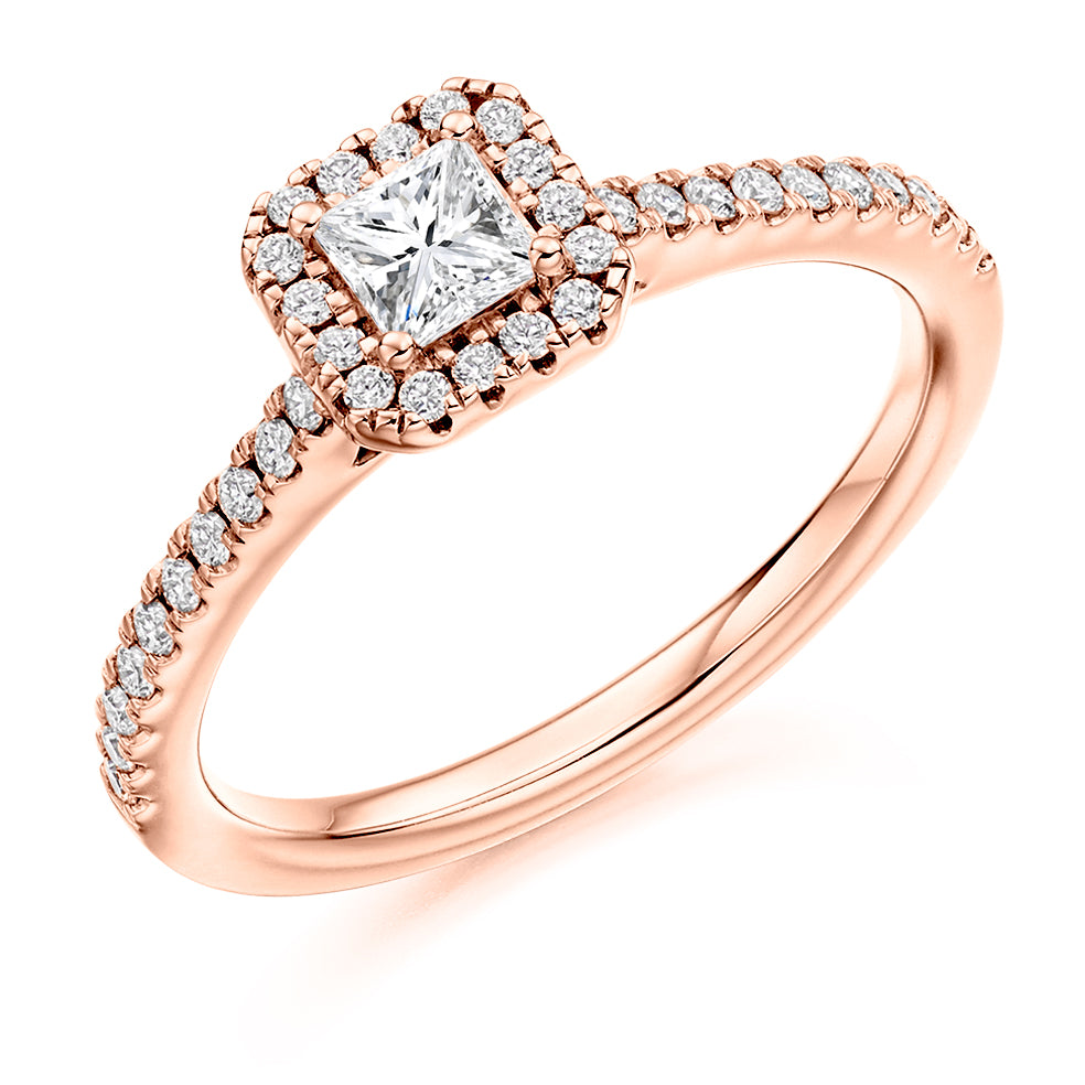 Halo with Diamond Set Shoulders Princess Cut Engagement Ring, 0.40ct in Rose Gold