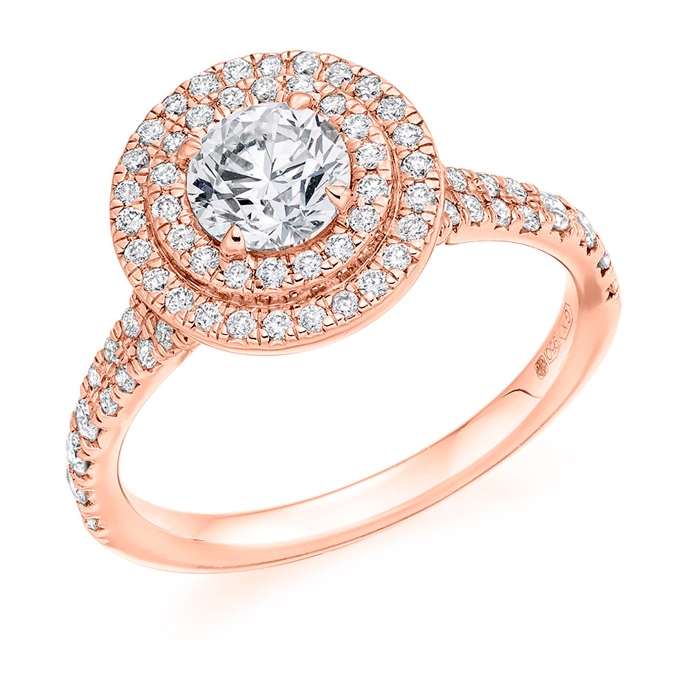 Halo with Diamond Set Shoulders Round Brilliant Engagement Ring, 0.75ct in Rose Gold
