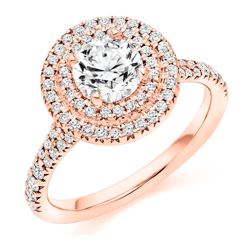 Halo with Diamond Set Shoulders Round Brilliant Engagement Ring, 0.90ct in Rose Gold