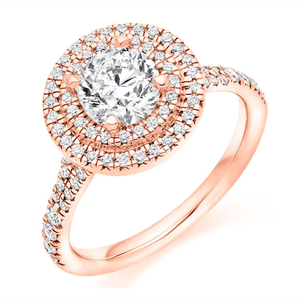 Halo with Diamond Set Shoulders Round Brilliant Engagement Ring, 1.00ct in Rose Gold