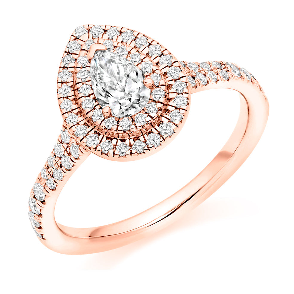 Halo with Diamond Set Shoulders Pear Cut Engagement Ring, 0.33ct in Rose Gold