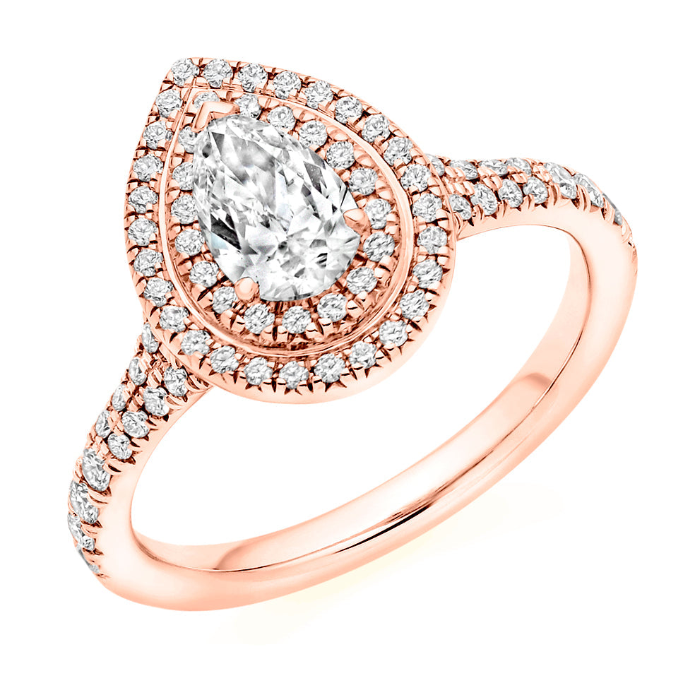 Halo with Diamond Set Shoulders Pear Cut Engagement Ring, 0.75ct in Rose Gold