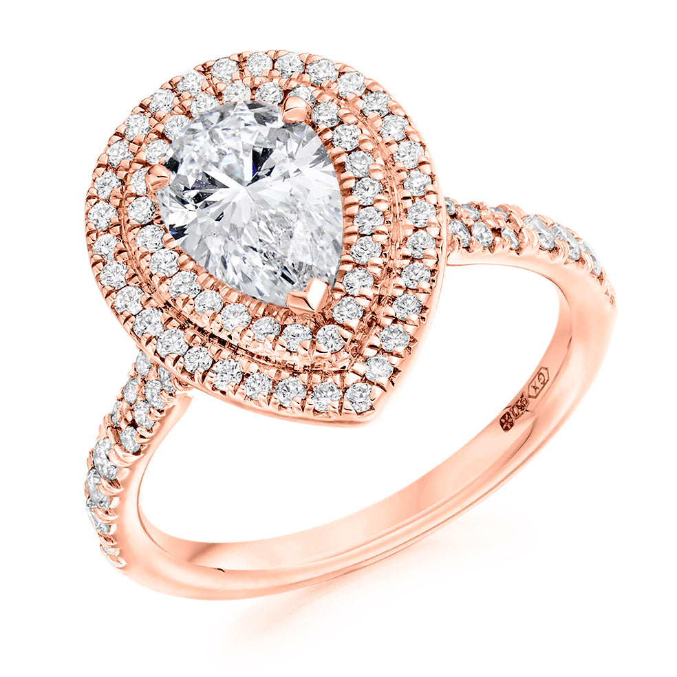 Halo with Diamond Set Shoulders Pear Cut Engagement Ring, 1.00ct in Rose Gold