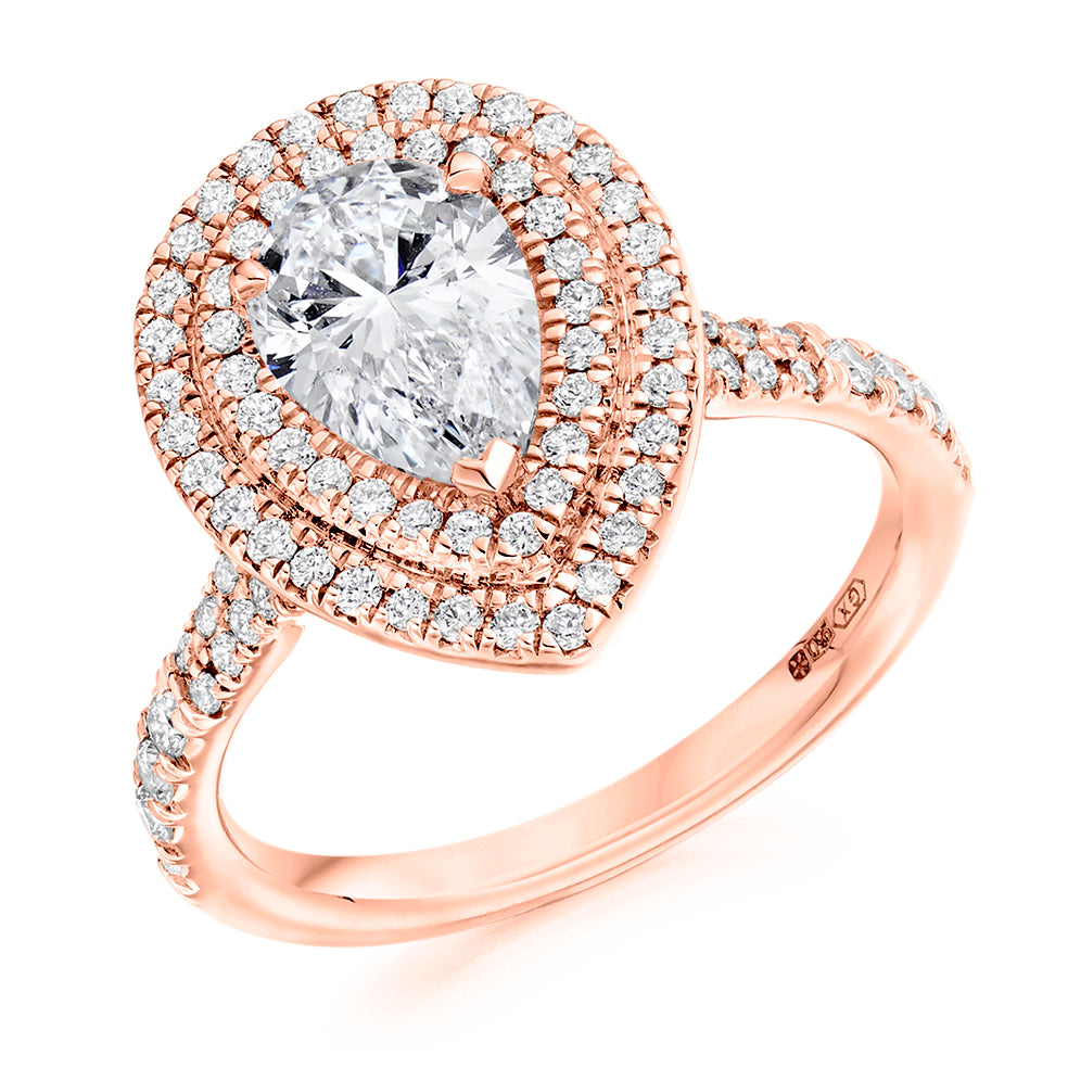 Halo with Diamond Set Shoulders Pear Cut Engagement Ring, 1.00ct in Rose Gold