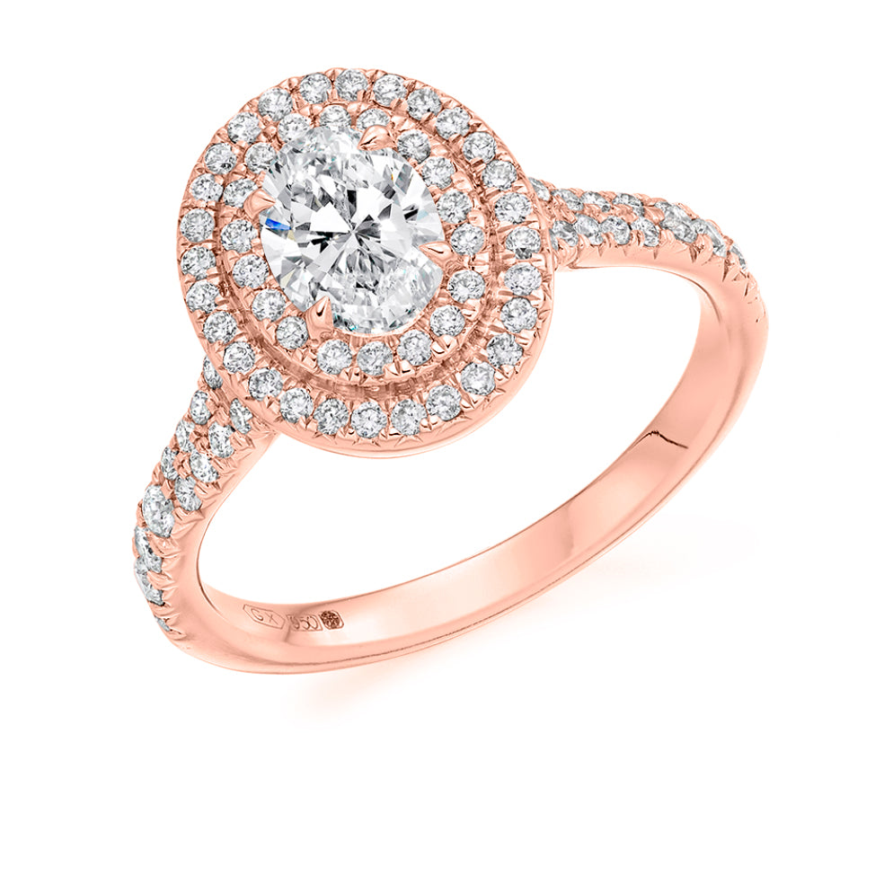 Halo with Diamond Set Shoulders Oval Cut Engagement Ring, 0.75ct in Rose Gold