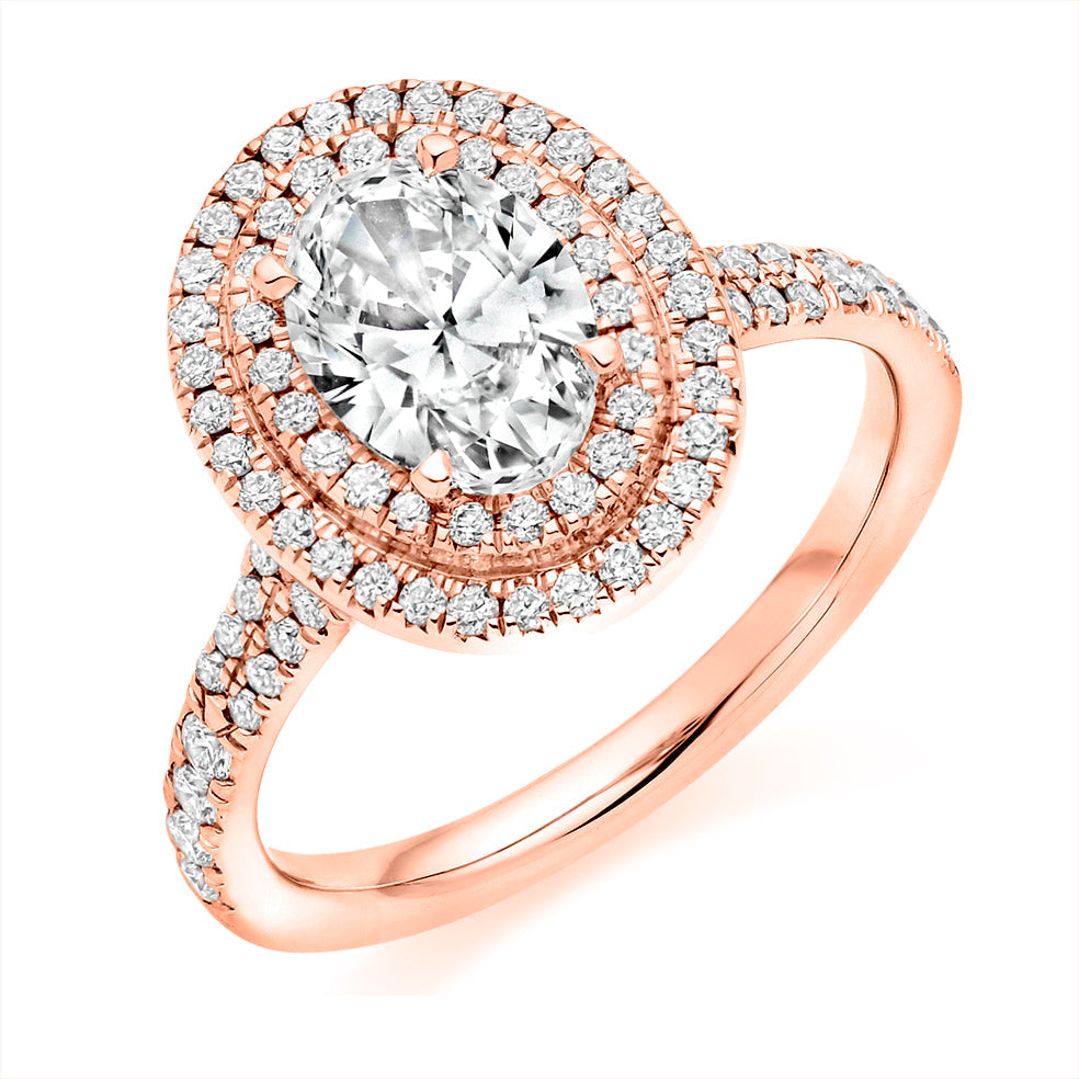 Halo with Diamond Set Shoulders Oval Cut Engagement Ring, 1.00ct in Rose Gold