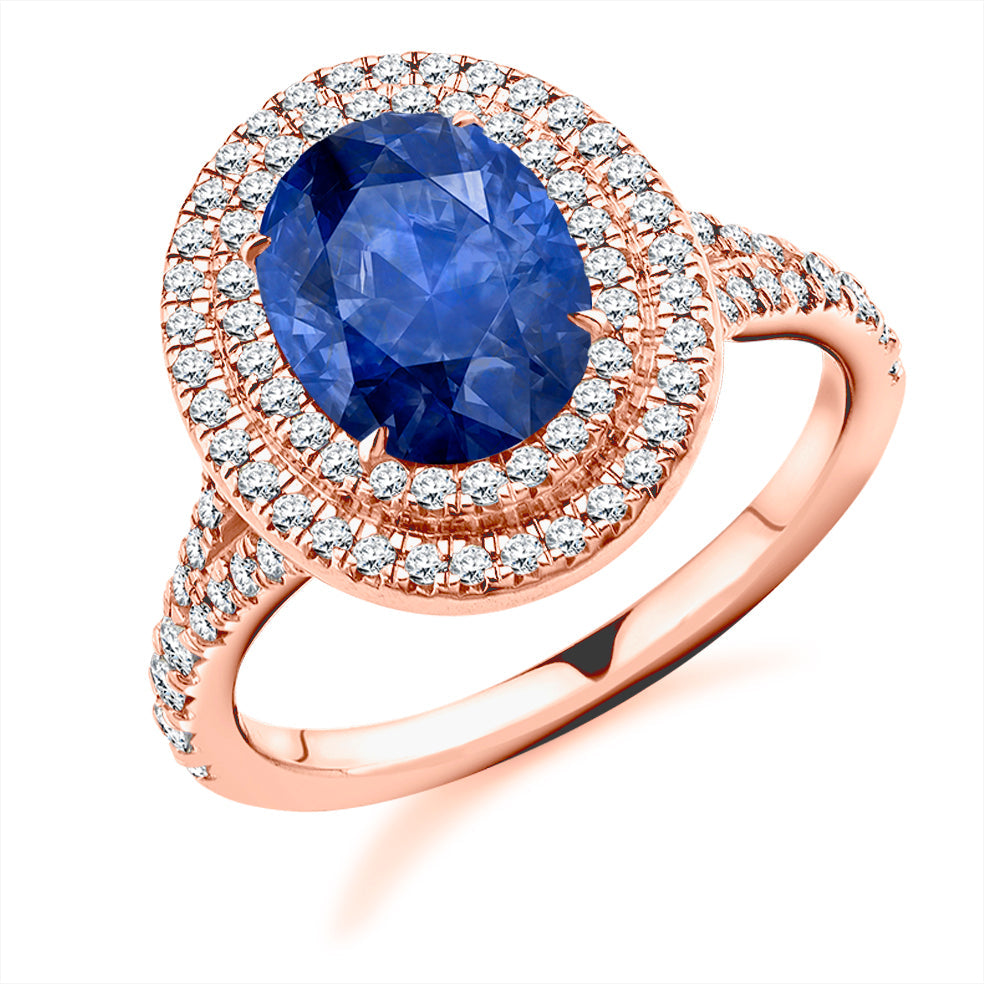 Double-Halo Cluster Sapphire & Diamond Engagement Ring with Fishtail, in Rose Gold