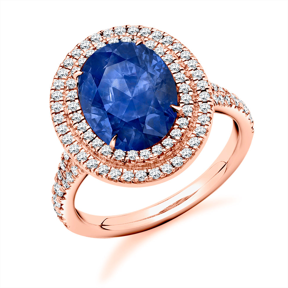 Double-Halo Cluster Sapphire & Diamond Engagement Ring, 0.55ct in Rose Gold