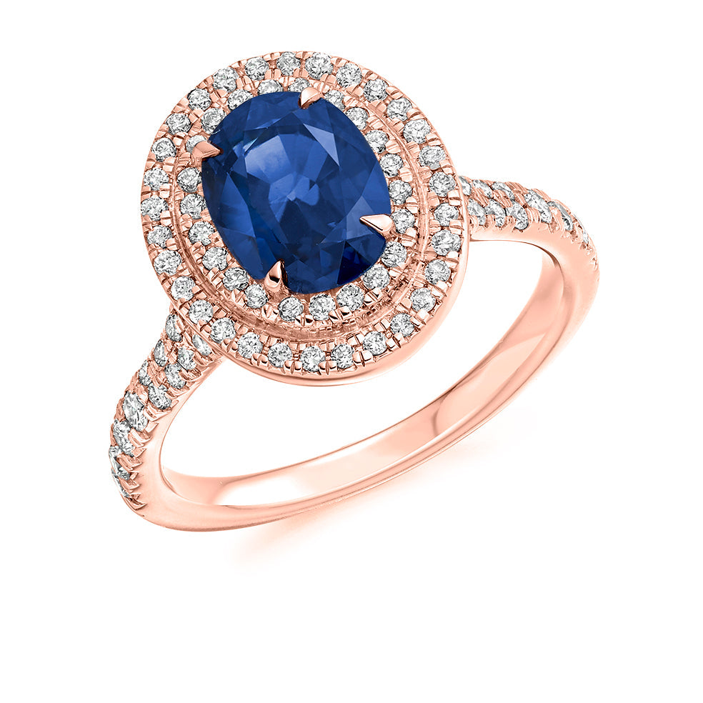 Double-Halo Cluster Sapphire & Diamond Engagement Ring with Micro-Claw in Rose Gold