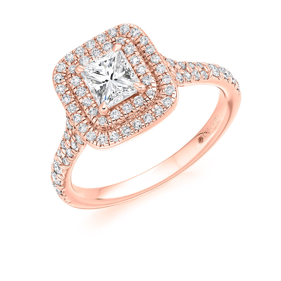 Double-Halo Split-Shoulder Radiant-Cut Engagement Ring, 0.75ct in Rose Gold