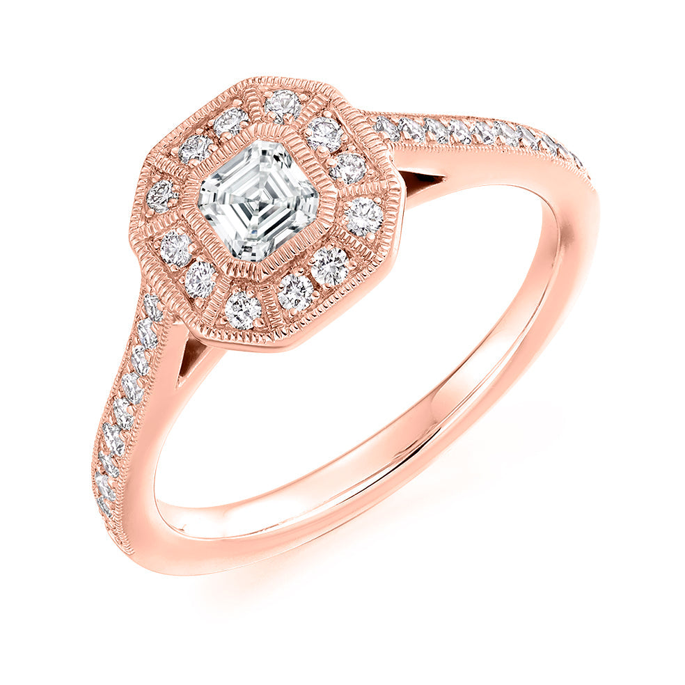 Rubover-Set Halo Asscher Cut Engagement Ring, 0.33ct in Rose Gold