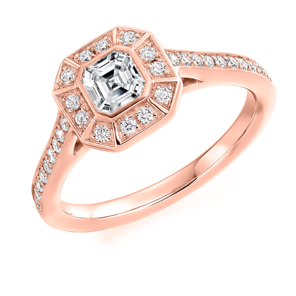Rubover-Set Halo Asscher Cut Engagement Ring in Rose Gold