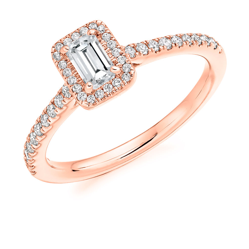 Pavé-Shoulder Halo Emerald-Cut Engagement Ring, 0.3ct in Rose Gold