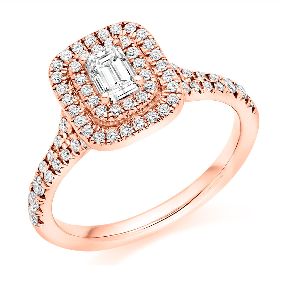 Double-Halo Split-Shoulder Emerald-Cut Engagement Ring, 0.33ct in Rose Gold