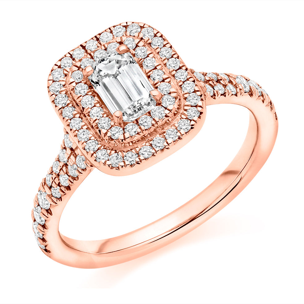 Double-Halo Split-Shoulder Emerald-Cut Engagement Ring, 0.5ct in Rose Gold