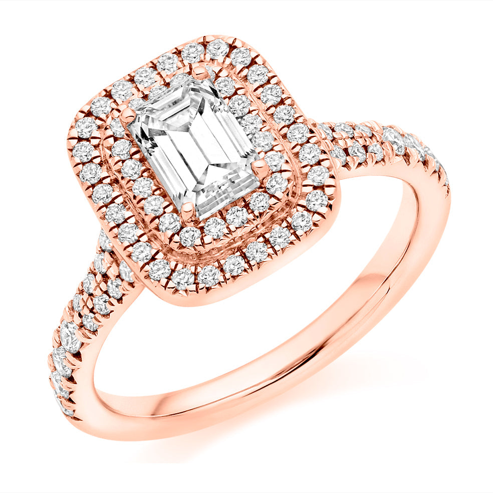Double-Halo Split-Shoulder Emerald-Cut Engagement Ring, 0.75ct in Rose Gold