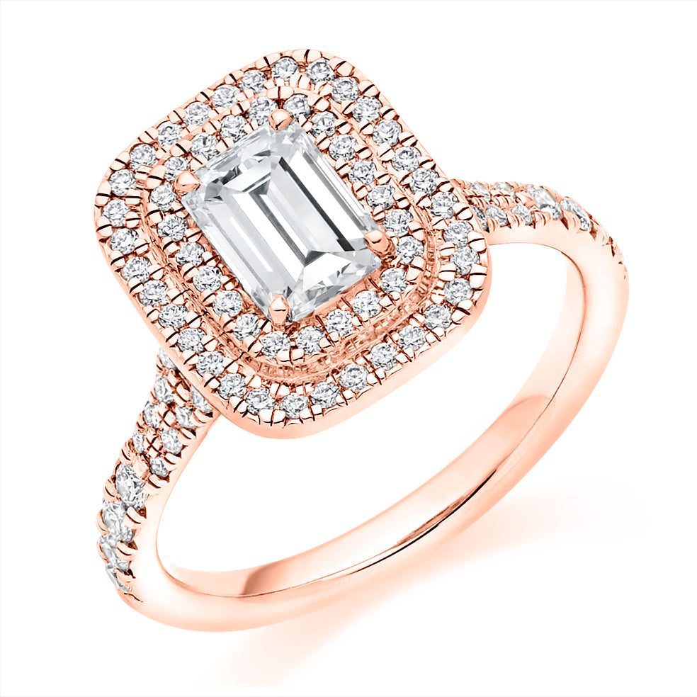 Double-Halo Split-Shoulder Emerald-Cut Engagement Ring, 1.0ct in Rose Gold