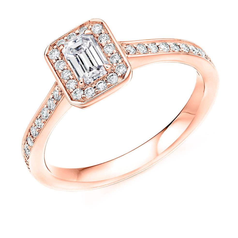 Pavé-Shoulder Halo Emerald-Cut Engagement Ring, 0.25ct in Rose Gold