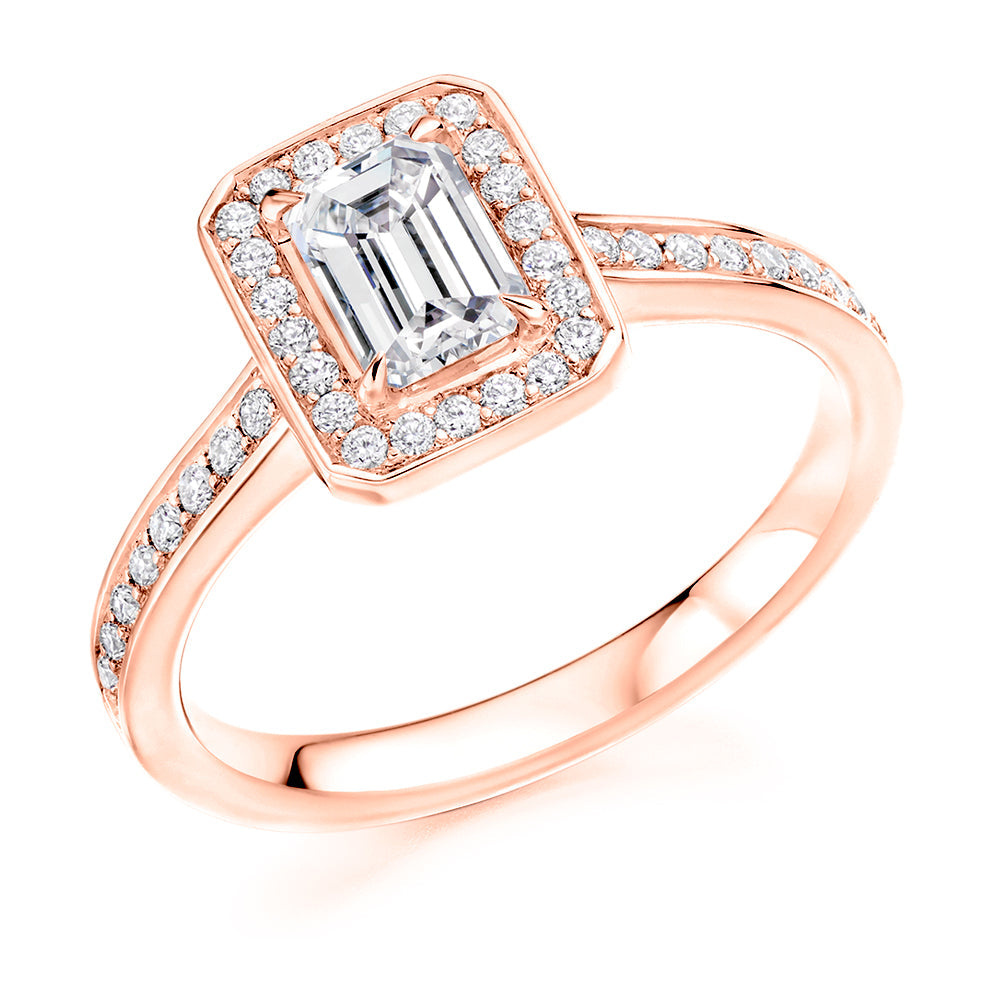 Pavé-Shoulder Halo Emerald-Cut Engagement Ring, 0.75ct (ENG4866 SMT) in Rose Gold